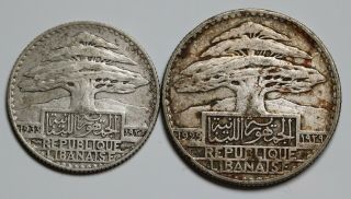 Lebanon Silver 25 Piastres 1933 (rare) & 50 Piastres 1929 (scarce) Km 7 & 8