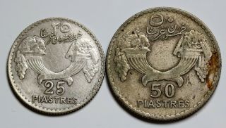 Lebanon Silver 25 Piastres 1933 (RARE) & 50 Piastres 1929 (SCARCE) KM 7 & 8 2