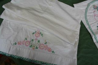 2 Vintage White Cotton Pillowcases Hand Embroidery Rik Rak Crochet Lace 2
