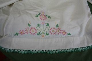 2 Vintage White Cotton Pillowcases Hand Embroidery Rik Rak Crochet Lace 3
