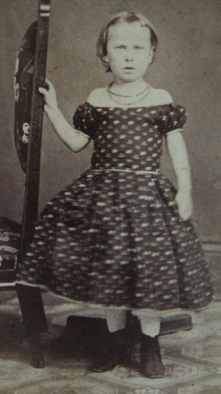 Antique Cw Era Cdv Photo Of Child In Hoop Dress By Female Photog.  Mrs.  Wykes