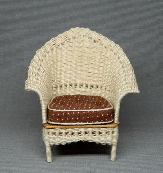 Vintage White Wicker Chair W Cushion Jal Gee - Artisan Dollhouse Miniature 1:12