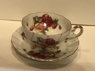 Antique Cherry China Footed Teacup & Saucer Burgandy & Pink Roses