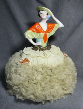 Antique/vintage Porcelain Half Doll Pin Cushion - Figurine W/hat - Germany