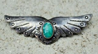 Rare Vtg Old Pawn Navajo Fred Harvey Era Silver Turquoise Flying Wings Pin 1950s