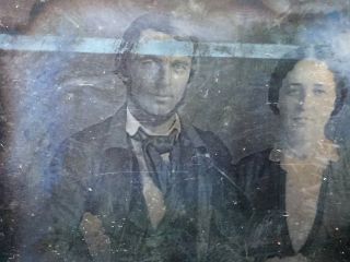 C1850 Large 1/4 Plate Signed Daguerreotype Rare Smiling Man & Wife Photo Couple