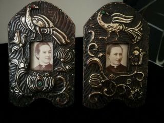 Exquisite Very Rare Arts And Crafts,  Nouveau,  Brass On Wood Photoframes