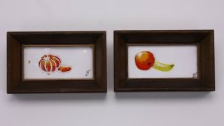2 Signed Jh ? Framed Miniature Copper Enamel Fruit Still Life Mod Art Picture