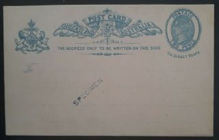 Rare C1889 - Queensland Australia 2d Blue Pre Printed Postcard Specimen