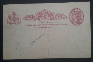 Rare C1889 - Queensland Australia 1d Rose Pre Printed Postcard Specimen