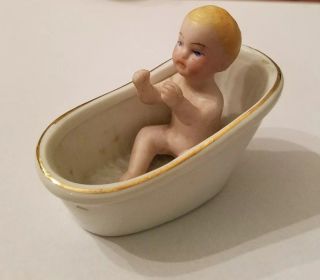 Adorable Antique Vintage German ? All Bisque Baby Doll Bathtub,  Dollhouse