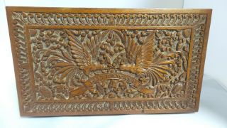 Antique Vintage Hand Carved Folk Art Wood Jewelry Trinket Storage Box With Birds