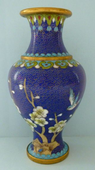 Antique Japanese Chinese Cloisonné Blossom Flower Vase Urn Pot Blue Bird Brass