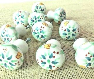 10 White Cabinet Porcelain Drawer Knobs Pulls Blue Green Flower Vintage Cottage