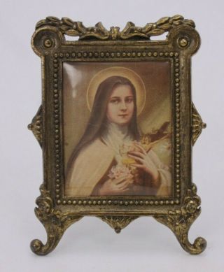 St.  Theresa Teresa Mini Antique Vtg Print French Metal Frame Catholic Religious