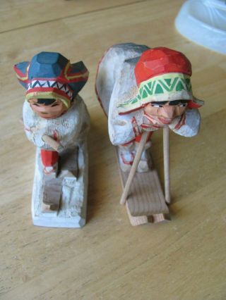 2 Vintage Hand Carved Wood Figurines Traditional Dress Skiing,  Norway - Henning