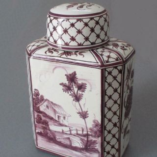 Antique Hand Painted French Porcelain Tea Caddy Scenery Flowers 8 - Sided Marked