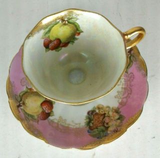 Vtg Royal Halsey Very Fine LM Porcelain Tea Cup Saucer Pedestal Gold Fruit RARE 2