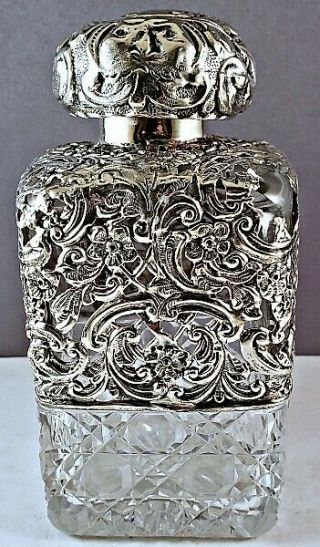 Large 1877 English Sterling Silver And Crystal Perfume Bottle Nr