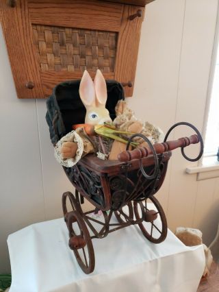 Antique Baby Doll Stroller Vintage Wooden Carriage Buggy Pre - Owned