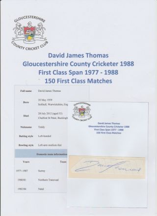 David Thomas Gloucestershire County Cricketer 1988 Rare Hand Signed