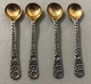 Set Of 4 Sterling Silver Repousse Salt Spoons W/gold Wash Bowl - Marked