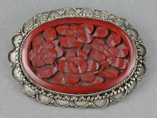 Fine Antique Chinese Carved Red Cinnabar Lacquer Floral Brooch