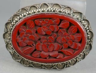 Fine Antique Chinese Carved Red Cinnabar Lacquer Floral Brooch 2