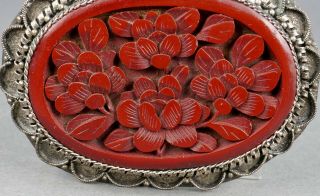 Fine Antique Chinese Carved Red Cinnabar Lacquer Floral Brooch 3