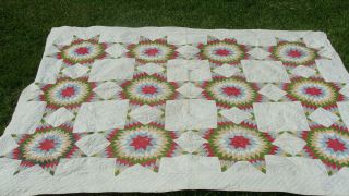 19th C All Hand Quilted Touching Stars Cotton Quilt,  77 " X 63 "