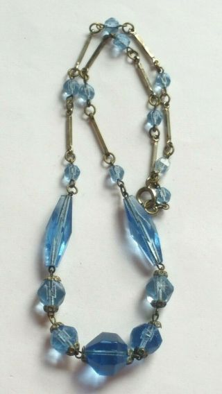 Czech Antique Art Deco Linked Blue Faceted Glass Bead Necklace