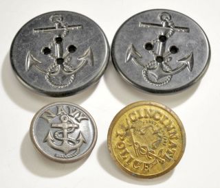 Antique Gilt Cincinnati Police Button,  3 Vintage Wwii Navy Buttons