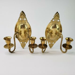 Vintage Solid Brass Double Arm Candle Holder Wall Mount Sconces 9” Pair India