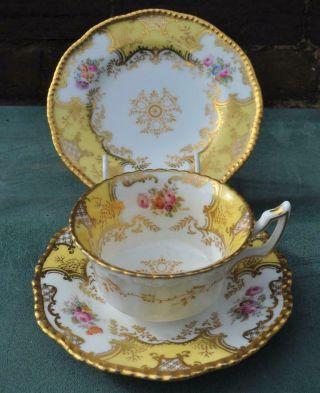 Rare Antique Coalport " Yellow Batwing " Trio Of Teacup Saucer & Side Plate