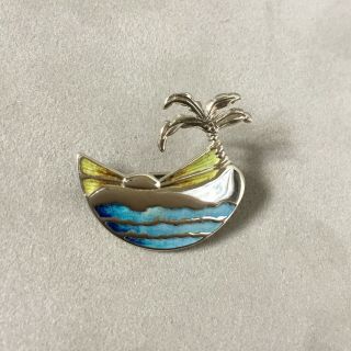 Rare Sterling Silver & Enamel Brooch By Norman Grant.  Sea Sunset Palm Tree