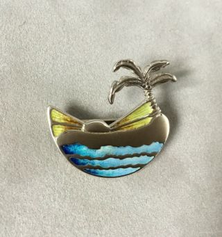 RARE STERLING SILVER & ENAMEL BROOCH BY NORMAN GRANT.  SEA SUNSET PALM TREE 2