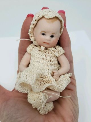 Vintage All Bisque Tiny Miniature Baby Boy Doll " Adorable For Doll House " 4 1/2 "