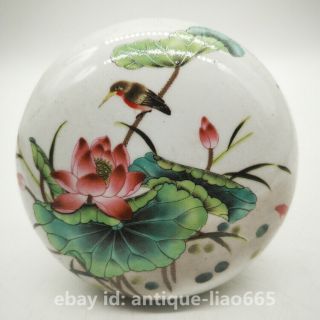 4.  3 " Collect Chinese Famille - Rose Porcelain Lotus Flower Leaf Bird Round Ink Box