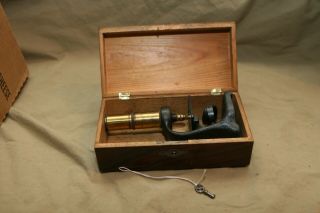 Antique 19th C Microscope In Wood Box W Key Unsigned Distressed Mirror