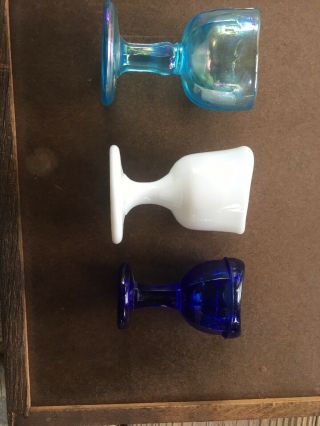 3 Rare/vintage Glass Eye Wash Cups: Light Blue,  Milk - Glass And Cobalt Blue