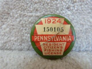 Rare Htf Vintage 1924 Pennsylvania Pa Fishing License Button 1.  75 "