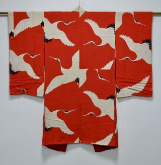 Japanese Kimono Silk Antique Middle Sleeve Juban / Crane / Rare Vintage /378