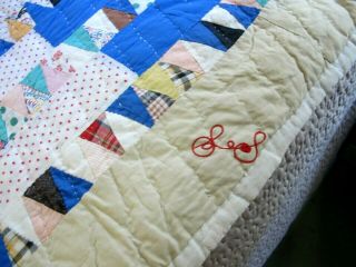 SIGNED Vintage Feed Sack Hand Sewn Gee ' s Bend Style BANDSAW Quilt; NEEDS TLC 2