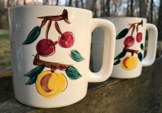 2 Rare Stangl Pottery Terra Rose Fruit Cherry Peach 3.  5” Mugs,  Cocoa Interior