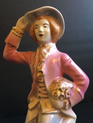 Antique Porcelain Figurine Man Holding Flowers Warranted 22k Gold Made In Usa