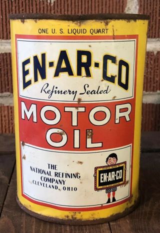 Vtg En - Ar - Co Motor Oil 1 Quart Oil Can Tin National Refining Cleveland Ohio Rare