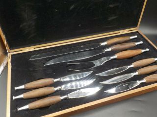 Vtg Mid Century Modern Teak Wood 9 Pc Steak Knife Serving Set Japan W/box Exc