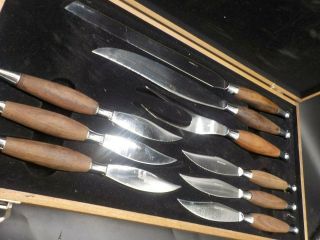 Vtg Mid Century Modern Teak Wood 9 Pc Steak Knife Serving Set Japan w/Box Exc 2