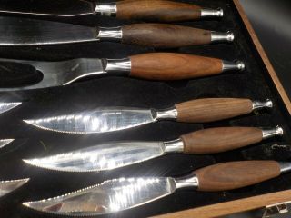 Vtg Mid Century Modern Teak Wood 9 Pc Steak Knife Serving Set Japan w/Box Exc 3