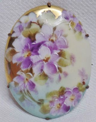 Antique Hand Painted Violet Flower Floral Gilt Porcelain Mourning Lrg Brooch Pin
